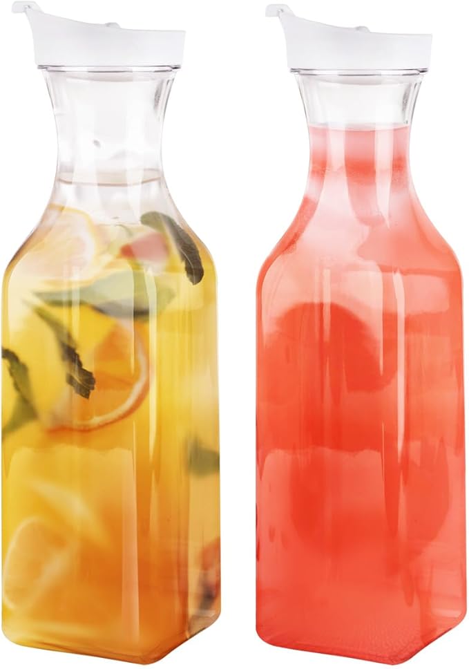 GUSTO [50 oz - 2 Pack] Plastic Carafe with Lid, Large Capacity Square Base - Clear Pitcher with Flip Top Lid, Easy-Pour Sp...