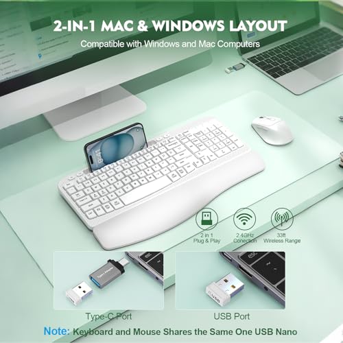 Wireless Keyboard and Mouse Combo, Wave Keys Full-Sized Ergonomic Keyboard with Cushioned Plam Rest, Phone Holder, Comfort...
