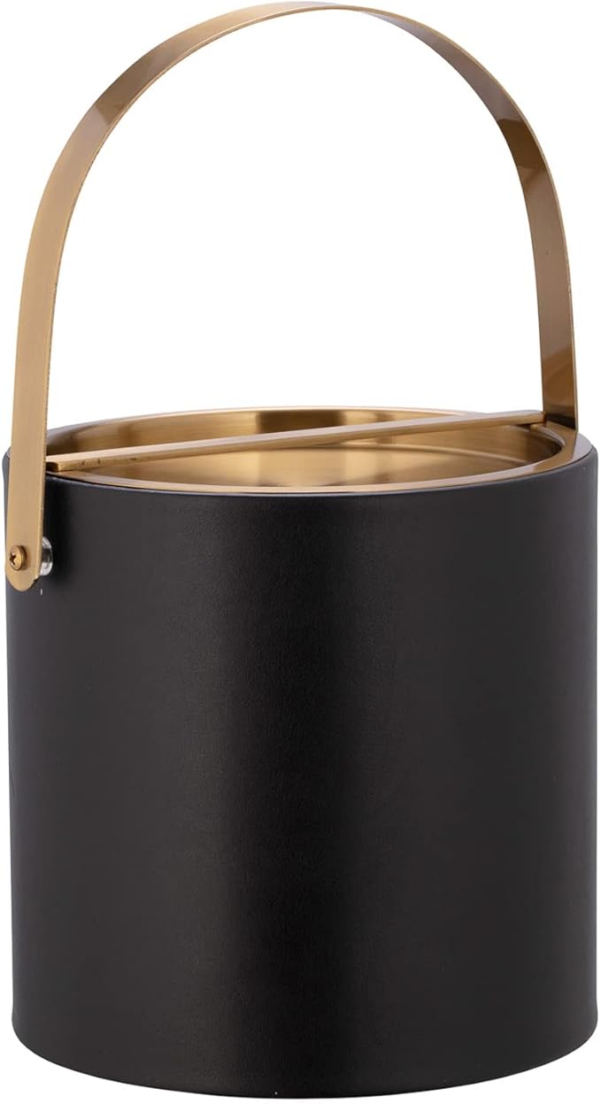 Kraftware SANTA BARBARA 3 Quart Ice Bucket with Brushed Gold Arch Handle & Bridge Cover: Black