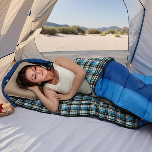 Cotton Flannel Lined Sleeping Bag for Adults Teens Kids, Cold Weather &Warm, 3 Seasons, Lightweight Compact Camping Essent...