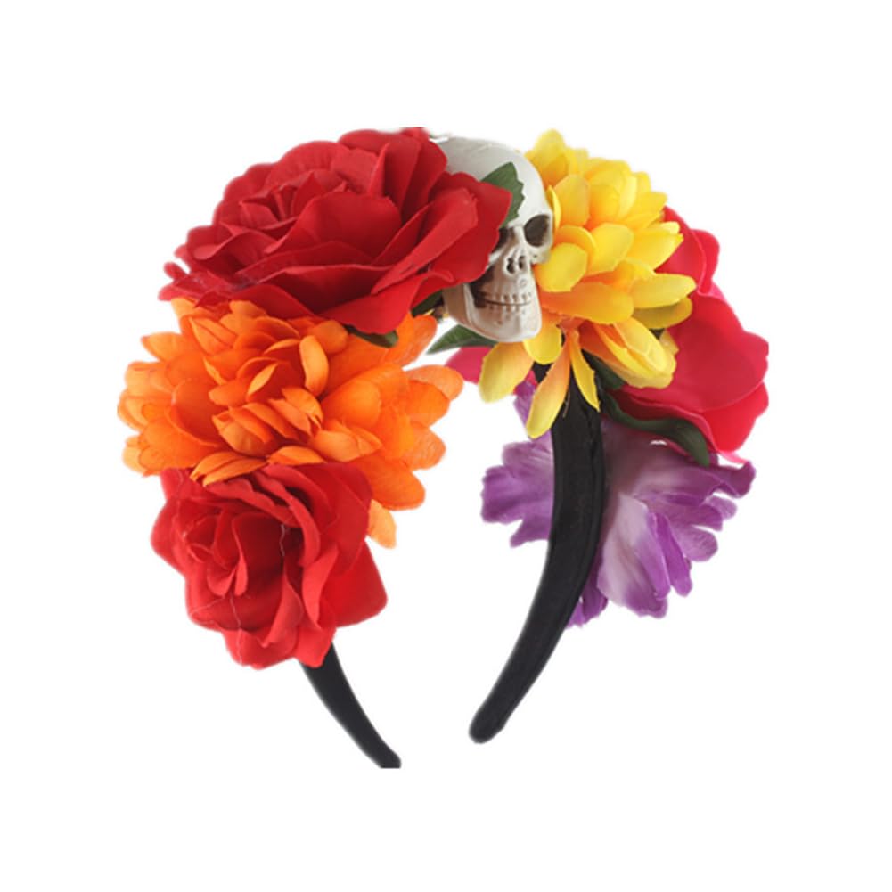 Lofruiin Women's Bohemian Rose Flower Crown Mexican Day of The Dead Headband Halloween Party Costume Headpiece (A- Red Yellow, F