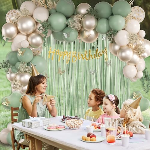 Sage Green Birthday Party Decorations with Happy Birthday Banner Green Fringe Curtain Butterfly Decorations Foil Balloons ...