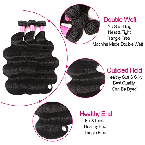 Body Wave Bundles with Closure Brazilian Human Hair 3 Bundles with Closure£¨14 16 18+12£©Body Wave 100% Unprocessed Virgin Hair Bundles with 4x4 Lace Closure Free Part Natural Black Color