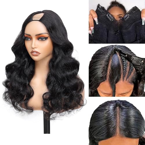 V Part Wig Human Hair Body Wave Upgrade U Part Human Hair Wig With Adjustable Drawstring 200% Density V Shape Clip In Half Wig For Women Natural Color 16 Inch