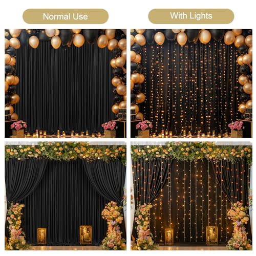 Black Backdrop Curtain with Lights String for Parties,10x10FT Wrinkle Free Black Drapes Wedding Photo Backdrop Curtains fo...