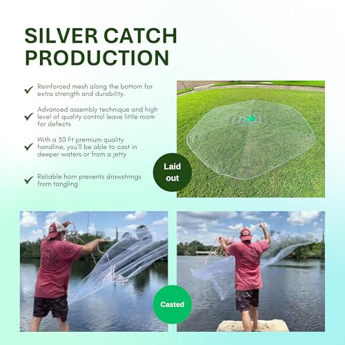 Silver Catch Cast Nets 4.5ft-10ft Radius|3/8",1/2",1" Mesh for Fishing with Chain Bottom, Salt Water Casting Fishing Net G...