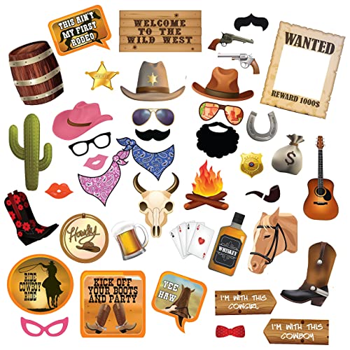 Western Cowgirl & Cowboy Photo Booth Props. Wild West Party Decorations. 41 Pcs Texas Theme Props with Wanted Sign for Bir...