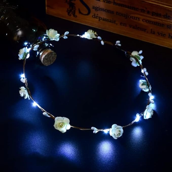 LEEMASING Led Light Women Flower Girl Headband Glow Blinking Crown Hair Wreath For Girls Women Wedding Festival Christmas ...