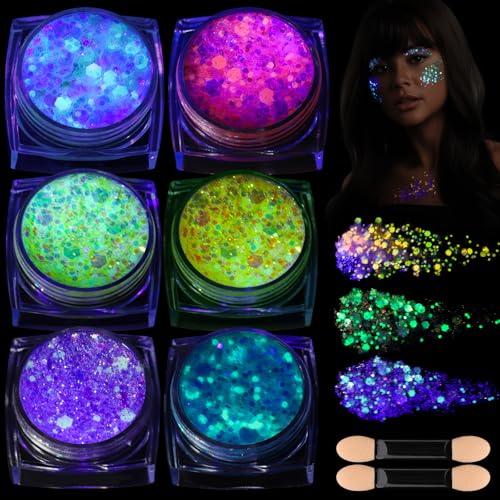 Teenitor 6 Colors Glow in The Dark Glitter Gel, Face Glitter Gel, Body Glitter Hair Glitter for Carnival Makeup UV Black L...
