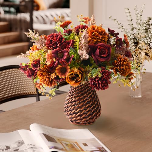 Artificial Faux Flowers in Vase, Fake Silk Floral Arrangements Rose Bouquets with Handmade Rattan Vase, Farmhouse Table De...