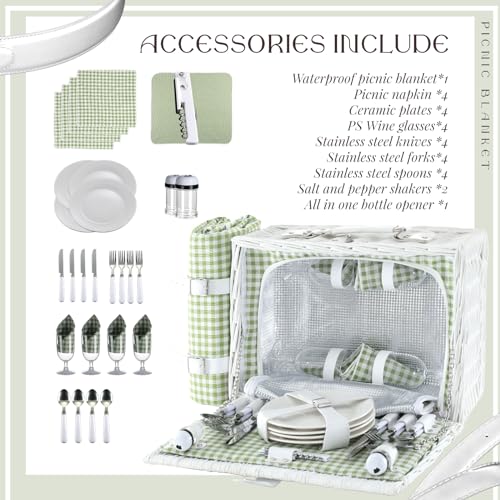 YPshuye Picnic Basket Set for 4 with Waterproof Blanket Mat Insulation Bag Wicker White Green Plaid Classic Fresh Gift for...