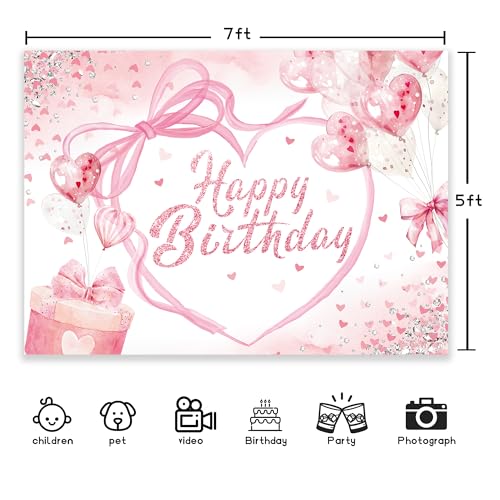 NEWsely Pink Bow Birthday Party Decorations Backdrop 7Wx5H Photography Coquette Birthday Decorations for Girl Happy Birthd...