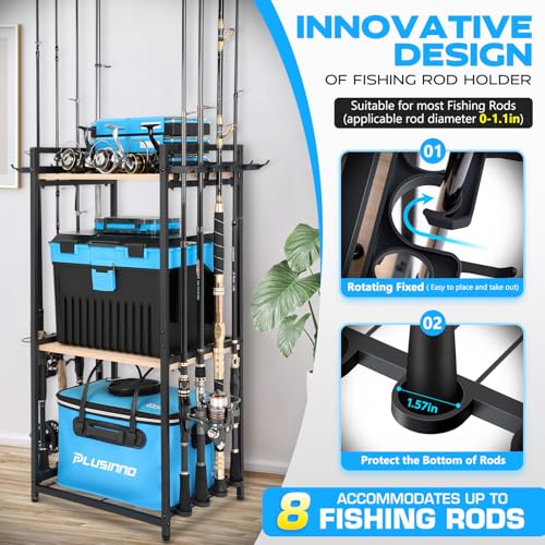 PLUSINNO 3 Tier Fishing Rod Holder, Fishing Pole Holders for Garage, Fishing Rod Rack Fishing Rod Storage Up to 8 Rods, Fi...