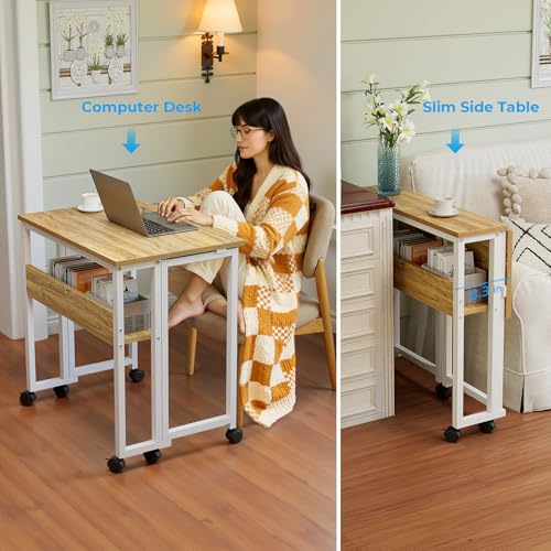 GreenForest Folding Desk Small Rolling Desk with Storage Shelf,24.8 inch Foldable Computer Desk with Wheels for Small Spac...