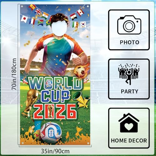 2026 World Cup Photo Banner 71x35 Inches 2026 Soccer Player Cutout Backdrop with Face Hole for World Cup Soccer Party Deco...