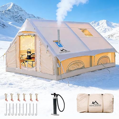 Inflatable Camping Tents 8-10 Person,129 Square Feets Large Inflatable Camping Tent with Stove Jack,Blow up Tent with Mesh...