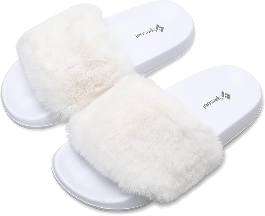 Spesoul Womens Fuzzy Slides Open Toe Furry Slide Slippers Indoor Outdoor Slides Sandals Casual Flat Fluffy House Slippers