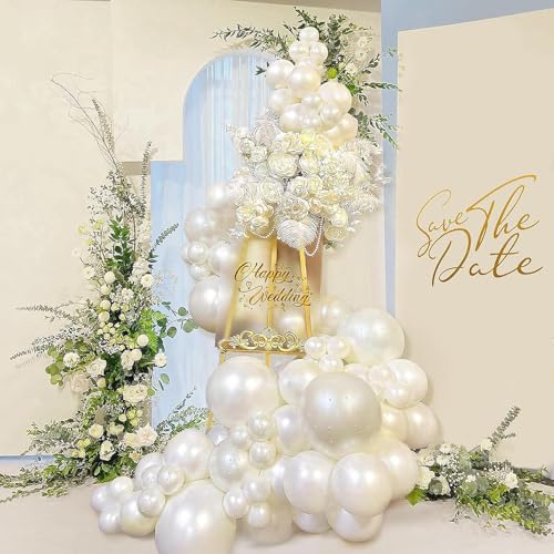 Pearl White Balloons Set, 60PCS Double Stuffed Pearl Balloons, 12 Inch Ivory Sand White Latex Transparent Clear Balloon He...