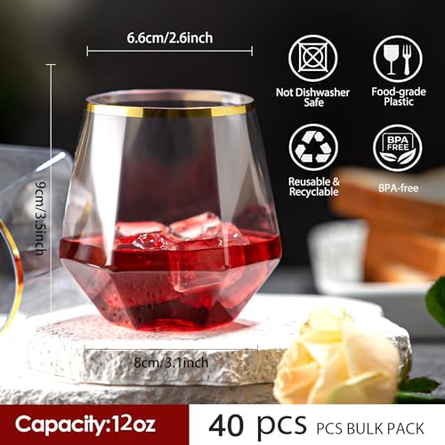 Lueumxc 40 Pack Diamond Plastic Wine Glasses,Unbreakable Stemless Whiskey Cocktail Wine Champagne Glasses,12 Ounce Durable...