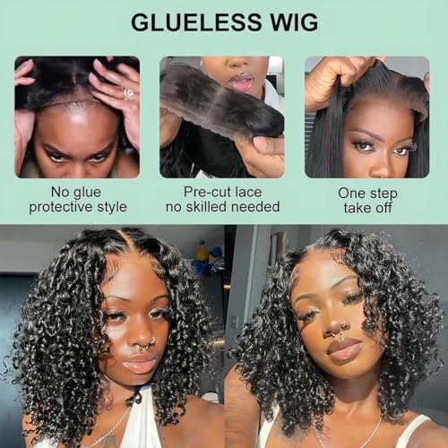 ISEE Wear and Go Glueless Wigs Human Hair Pre Plucked Deep Wave Bob Wig Human Hair Lace Front Wigs for Women Upgraded No Glue Pre Cut 6x4 Lace Closure Glueless Wigs for Black Women Human Hair 14 Inch