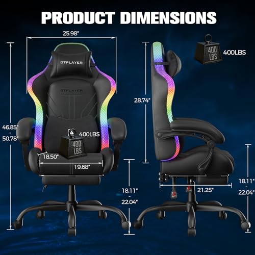 GTPLAYER Gaming Chair, Computer Chair with RGB LED Lights, High Back Ergonomic Chair for Adults with Footrest, Reclining O...