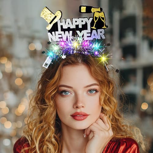 Abien Light Up Happy New Year Headbands Glitter Beer Hairband LED Hat Feather Headhoop New Year Party for Women