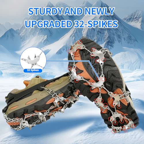 Crampons for Shoes, Footwear Traction Cleats Ice Snow Grips with 32 Stainless Steel Spikes, Shoe Anti - Slip Boots Spikes ...