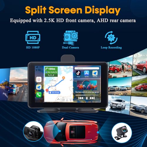 Wireless Apple CarPlay with Dash Cam: 7″ Carply Screen for Car with Backup Camera - 5-Min Plug-and-Play Upgrade for Older ...