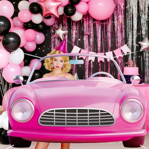 Pink Car Girls Birthday Decorations Pink Car Shaped Backdrop for Doll Girl Princess Let's Go Party Photo Booth Props Bache...