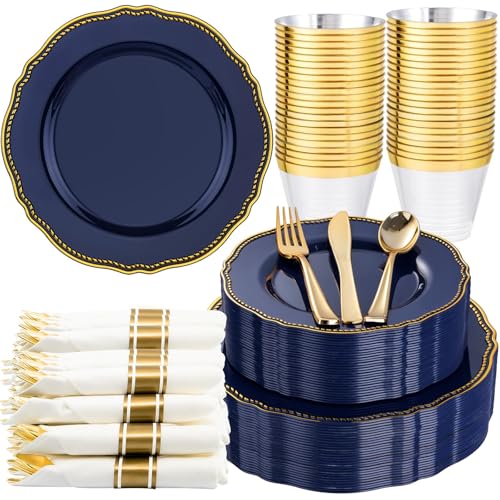 Hioasis 175pcs Blue Gold Plastic Plates - Gold Plastic Dinnerware Set Includes 25 Dinner Plates, 25 Dessert Dinnerware, 25...