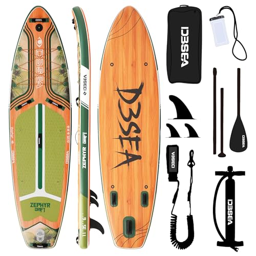 D3SEA 11 ft Inflatable Paddle Board with SUP Accessories, Non Slip EVA Deck, Extra Long Extra Wide iSUP, All Around Stand ...