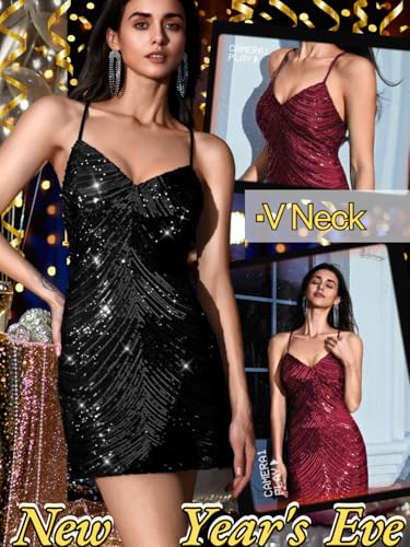 Kaei&Shi Sequin Mini Dress,V Neck Spaghetti Strap Sparkly Prom Dresses for Women,Sexy Birthday Outfit HOCO Cocktail Nye Party