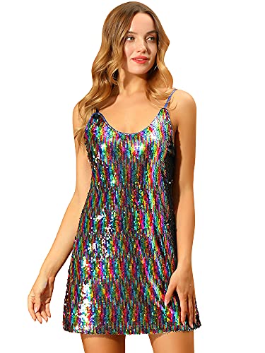 Allegra K Women's Glitter Sequin Dress Spaghetti Strap V Neck Party Cocktail Sparkly Mini Dress Clubwear