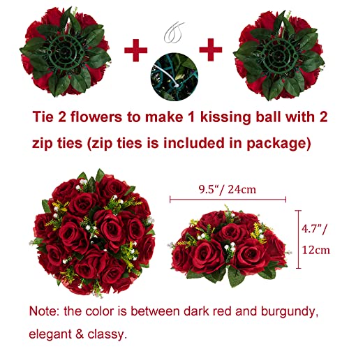 BLOSMON Flower Centerpieces for Tables Wedding: 10 Pcs Crimson Red Artificial Rose Flowers Balls Decoration - 9.5 Inch Fak...