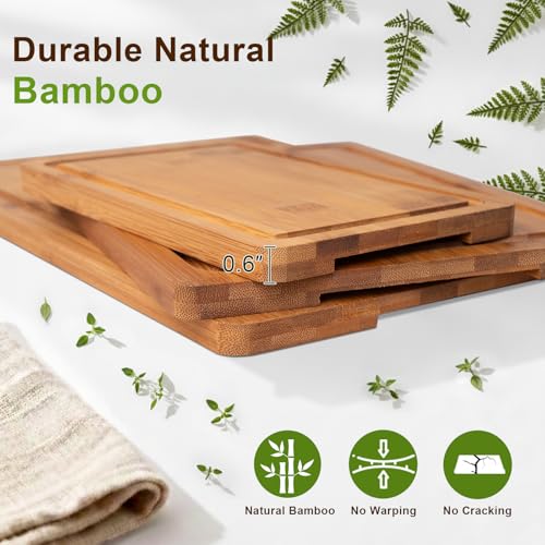 Tafopue Cutting Board Set with Holder, Space Saving Kitchen Bamboo Chopping Boards, Build in Juice Groove and Grip Handle,...