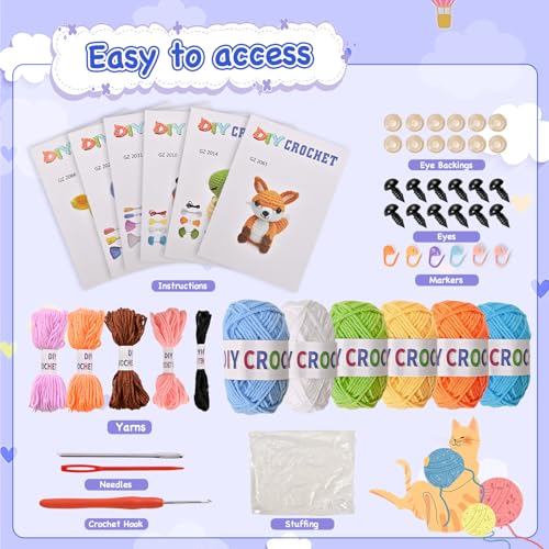 Wunila 6Pcs Crochet Kit for Beginners, DIY Craft for Adults, Great Gifts for Crochet Lovers, Crocheting Animals Kits with ...