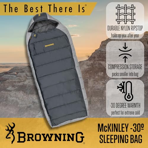 Browning McKinley -30° Sleeping Bag - Oversize Insulated Hooded Rectangle Made with Ripstop Outer and Brushed Polyester Li...
