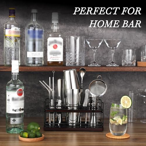 Boston Cocktail Shaker Set with Stand, 20-Piece Complete Bartender Kit for Home Bar Use, Essential Bar Set with 18oz & 28o...
