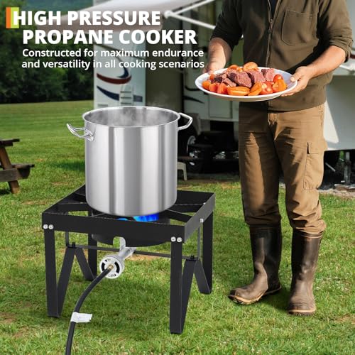 80,000 BTU Single Burner Propane Stove – 10 PSI Regulator, 400 Lbs Capacity Portable Outdoor Cooker for Camping, Deep Fryi...