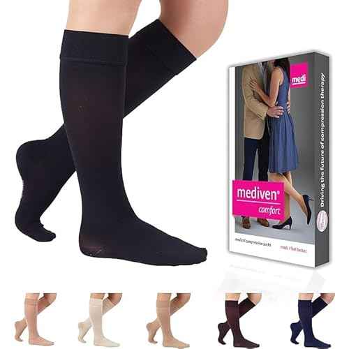 Mediven Comfort Women¡¯s 20?30 mmHg Knee High Compression Stockings, Closed Toe, Semi-Transparent, Soft & Breathable Support for Leg Circulation, Work & Travel, VII, Standard, Ebony