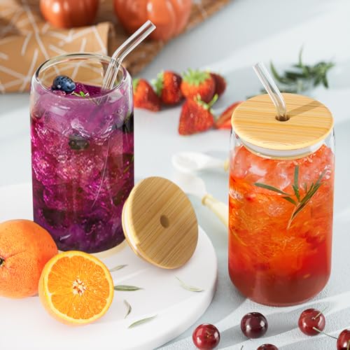 12Pcs Glass Cups with Lids and Straws - 16oz Can Shaped Drinking Glasses Set, Iced Coffee Cup, Beer Glasses Tumbler for Ju...