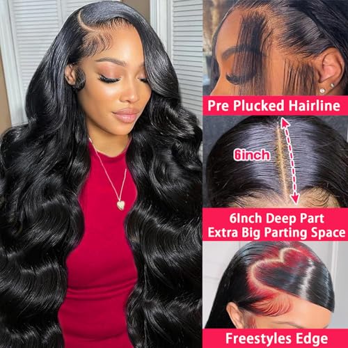 13x6 Body Wave Lace Front Wigs Human Hair Pre Plucked HD Transparent Lace Frontal Wigs Human Hair 250% Density Glueless Human Wigs with Baby Hair for Women 24 Inch