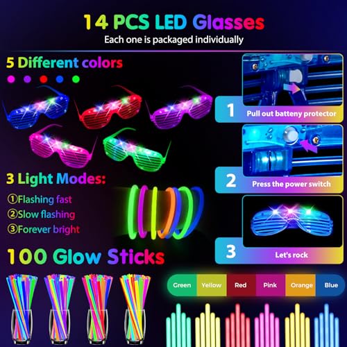 HONLYNE 142 PCS Glow in the Dark Party Supplies, 14PCS Foam Glow Sticks, 14PCS Light Up Headband,14PCS LED Glasses and 100...