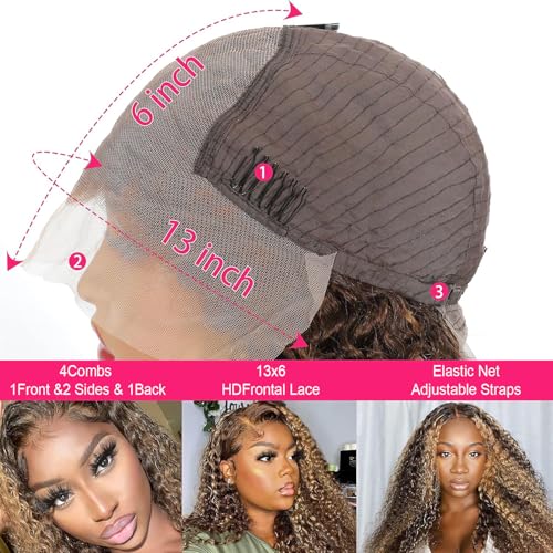 Juvid 200% Density 13x6 Highlight HD Lace Front Wig Human Hair Curly Human Hair Honey Blonde 4/27 Ombre Lace Frontal Pre Plucked Baby Hair 100% Virgin Hair Wigs for Black Women Deep Curl 18inch