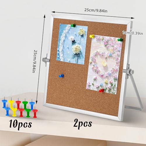 LIQWEI 2 Pack Small Bulletin Board for Desk, Double Cork Board Bulletin Boards with Silver Border, 9.8"×9.8" Double Sided ...