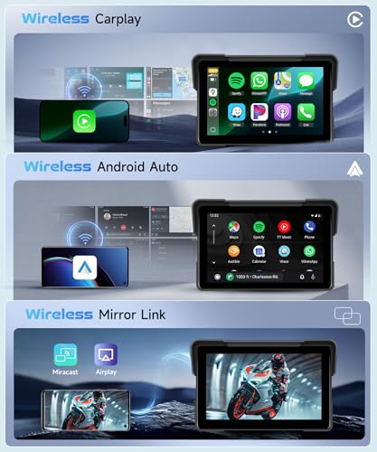 KYNNT 7 Inch Wireless Motorcycle Carplay GPS Navigation System with Wireless Carplay Android Auto, Portable Moto Car Play ...