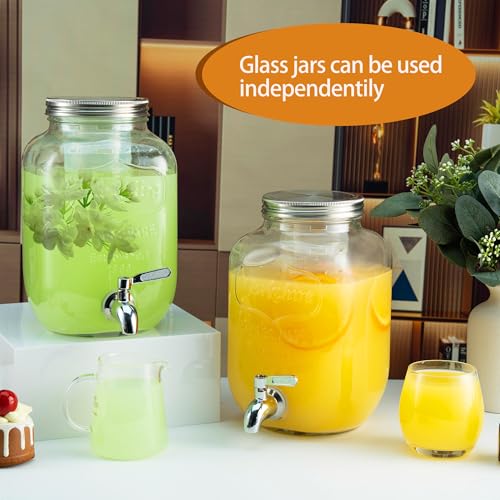 1 Gallon Glass Drink Dispensers for Parties, 2PACK Beverage Dispenser with Stand, Ice Cylinder and Stainless Steel Spigot ...