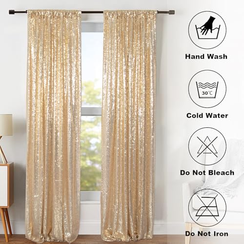 ShinyBeauty Light Gold Backdrop Sequin Curtains 4FTx7FT 2 Pieces Photograph Backdrops Golden Curtain Panels Shimmer Backgr...