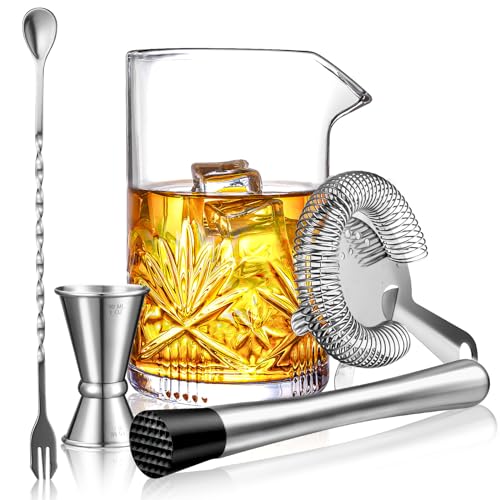 Cocktail Mixing Glass, veecom 18oz Crystal Bartender Kit, 5 Piece Bar Mixing Glass Old Fashioned Cocktail Kit with Straine...