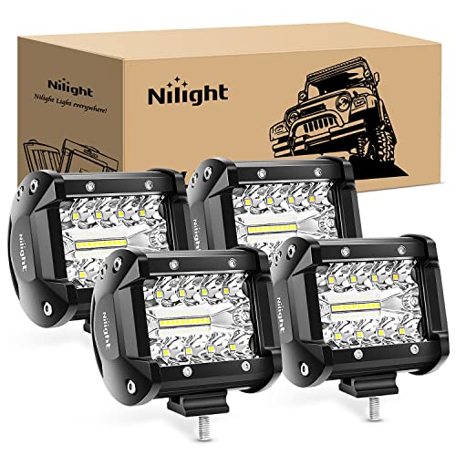 Nilight 4Pcs LED Pods 4Inch 60W Triple Row Flood Spot Combo 6000LM Light Bar Driving Fog Lights Off Road Lighting for Truc...